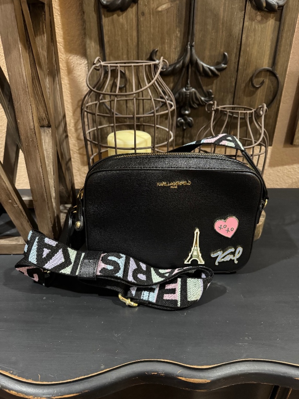 Karl Lagerfield Maybelle camera crossbody logo strap bag